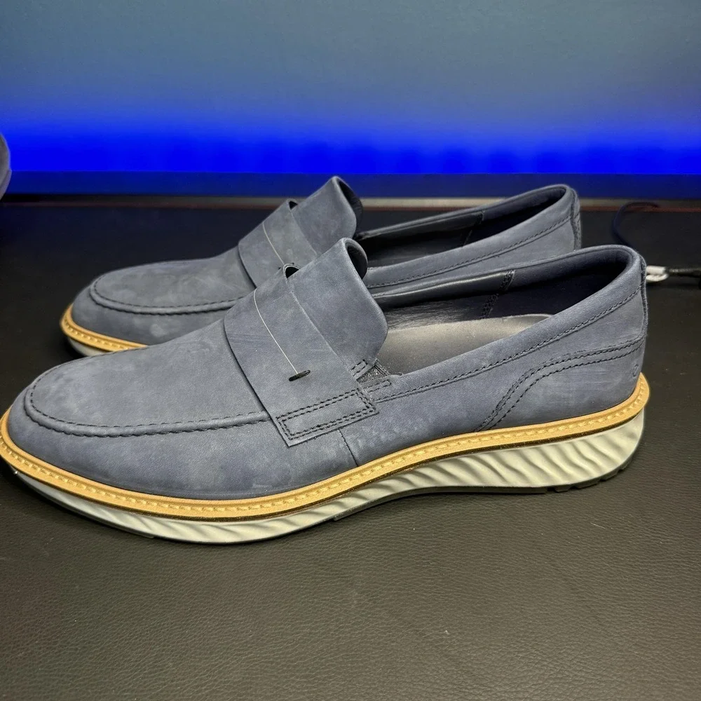 Ecco Men's Blue Suede Penny Loafers with White Sole and Tan Trim